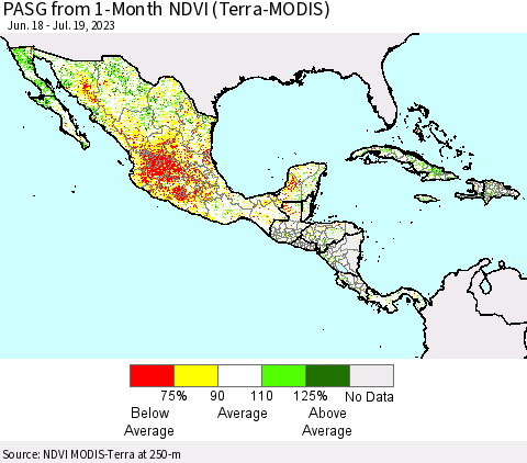 Mexico Central America and the Caribbean PASG from 1-Month NDVI (Terra-MODIS) Thematic Map For 7/12/2023 - 7/19/2023