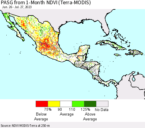 Mexico Central America and the Caribbean PASG from 1-Month NDVI (Terra-MODIS) Thematic Map For 7/20/2023 - 7/27/2023
