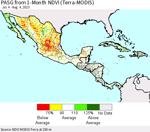 Mexico Central America and the Caribbean PASG from 1-Month NDVI (Terra-MODIS) Thematic Map For 7/28/2023 - 8/4/2023