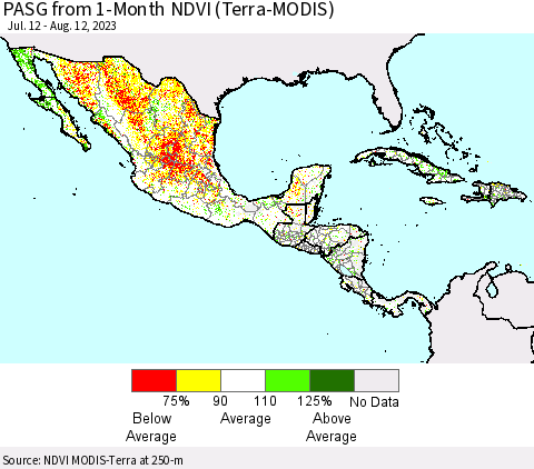 Mexico Central America and the Caribbean PASG from 1-Month NDVI (Terra-MODIS) Thematic Map For 8/5/2023 - 8/12/2023
