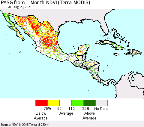 Mexico Central America and the Caribbean PASG from 1-Month NDVI (Terra-MODIS) Thematic Map For 8/13/2023 - 8/20/2023
