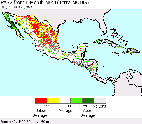 Mexico Central America and the Caribbean PASG from 1-Month NDVI (Terra-MODIS) Thematic Map For 9/14/2023 - 9/21/2023