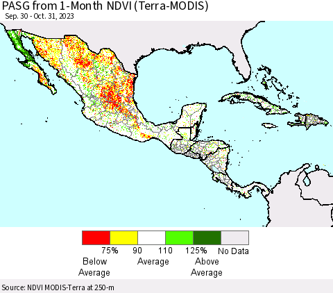 Mexico Central America and the Caribbean PASG from 1-Month NDVI (Terra-MODIS) Thematic Map For 10/24/2023 - 10/31/2023