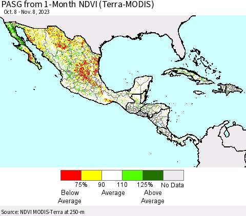 Mexico Central America and the Caribbean PASG from 1-Month NDVI (Terra-MODIS) Thematic Map For 11/1/2023 - 11/8/2023