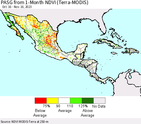 Mexico Central America and the Caribbean PASG from 1-Month NDVI (Terra-MODIS) Thematic Map For 11/9/2023 - 11/16/2023