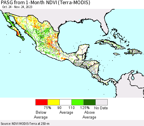 Mexico Central America and the Caribbean PASG from 1-Month NDVI (Terra-MODIS) Thematic Map For 11/17/2023 - 11/24/2023