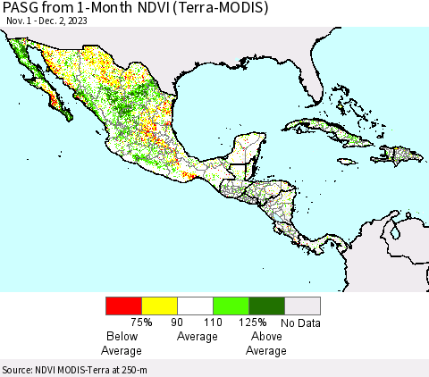 Mexico Central America and the Caribbean PASG from 1-Month NDVI (Terra-MODIS) Thematic Map For 11/25/2023 - 12/2/2023