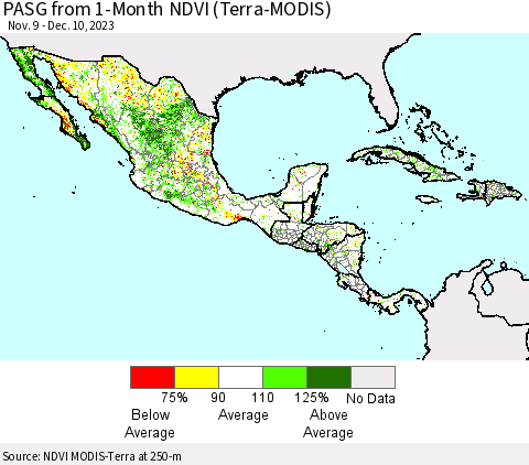 Mexico Central America and the Caribbean PASG from 1-Month NDVI (Terra-MODIS) Thematic Map For 12/3/2023 - 12/10/2023