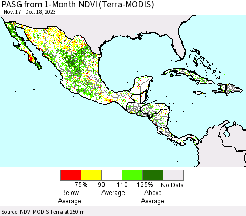 Mexico Central America and the Caribbean PASG from 1-Month NDVI (Terra-MODIS) Thematic Map For 12/11/2023 - 12/18/2023