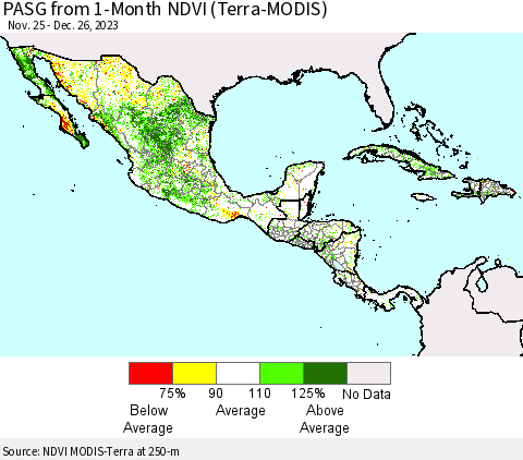 Mexico Central America and the Caribbean PASG from 1-Month NDVI (Terra-MODIS) Thematic Map For 12/19/2023 - 12/26/2023
