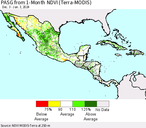 Mexico Central America and the Caribbean PASG from 1-Month NDVI (Terra-MODIS) Thematic Map For 12/27/2023 - 1/3/2024