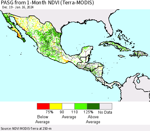 Mexico Central America and the Caribbean PASG from 1-Month NDVI (Terra-MODIS) Thematic Map For 1/9/2024 - 1/16/2024