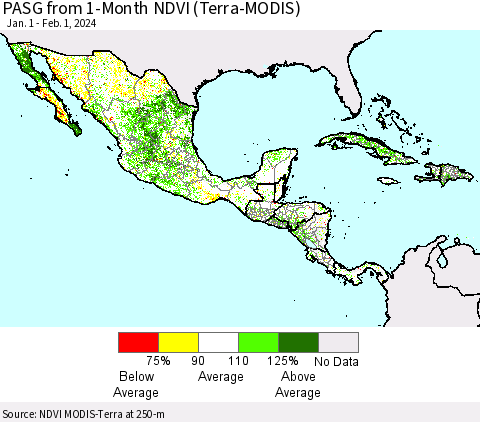 Mexico Central America and the Caribbean PASG from 1-Month NDVI (Terra-MODIS) Thematic Map For 1/25/2024 - 2/1/2024