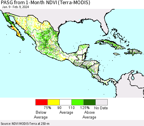 Mexico Central America and the Caribbean PASG from 1-Month NDVI (Terra-MODIS) Thematic Map For 2/2/2024 - 2/9/2024