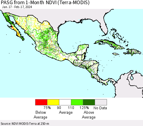 Mexico Central America and the Caribbean PASG from 1-Month NDVI (Terra-MODIS) Thematic Map For 2/10/2024 - 2/17/2024