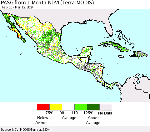 Mexico Central America and the Caribbean PASG from 1-Month NDVI (Terra-MODIS) Thematic Map For 3/5/2024 - 3/12/2024
