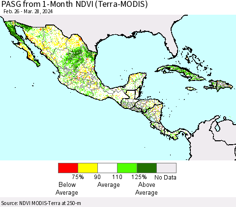 Mexico Central America and the Caribbean PASG from 1-Month NDVI (Terra-MODIS) Thematic Map For 3/21/2024 - 3/28/2024