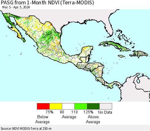 Mexico Central America and the Caribbean PASG from 1-Month NDVI (Terra-MODIS) Thematic Map For 3/29/2024 - 4/5/2024