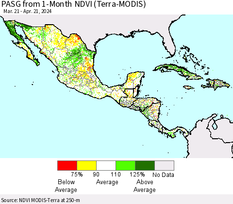 Mexico Central America and the Caribbean PASG from 1-Month NDVI (Terra-MODIS) Thematic Map For 4/14/2024 - 4/21/2024