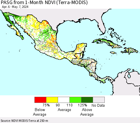 Mexico Central America and the Caribbean PASG from 1-Month NDVI (Terra-MODIS) Thematic Map For 4/30/2024 - 5/7/2024