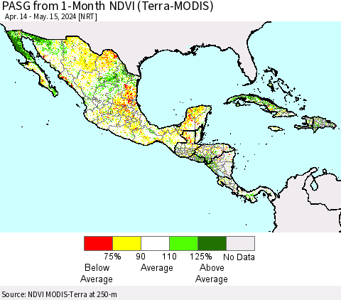 Mexico Central America and the Caribbean PASG from 1-Month NDVI (Terra-MODIS) Thematic Map For 5/8/2024 - 5/15/2024