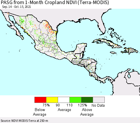 Mexico Central America and the Caribbean PASG from 1-Month Cropland NDVI (Terra-MODIS) Thematic Map For 10/8/2021 - 10/15/2021