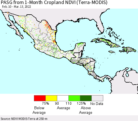 Mexico Central America and the Caribbean PASG from 1-Month Cropland NDVI (Terra-MODIS) Thematic Map For 3/6/2022 - 3/13/2022