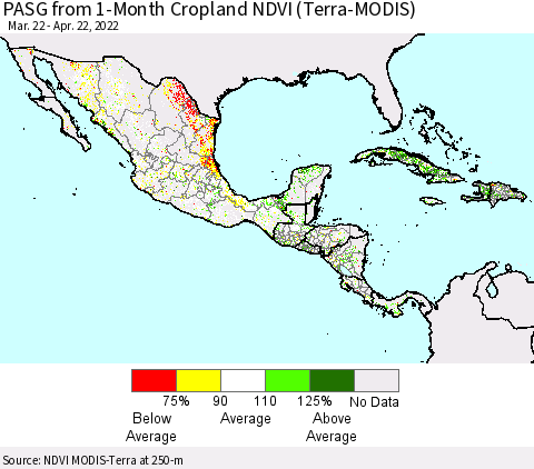 Mexico Central America and the Caribbean PASG from 1-Month Cropland NDVI (Terra-MODIS) Thematic Map For 4/15/2022 - 4/22/2022