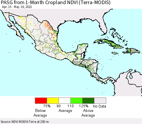 Mexico Central America and the Caribbean PASG from 1-Month Cropland NDVI (Terra-MODIS) Thematic Map For 5/9/2022 - 5/16/2022