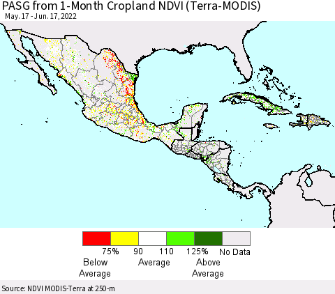 Mexico Central America and the Caribbean PASG from 1-Month Cropland NDVI (Terra-MODIS) Thematic Map For 6/10/2022 - 6/17/2022