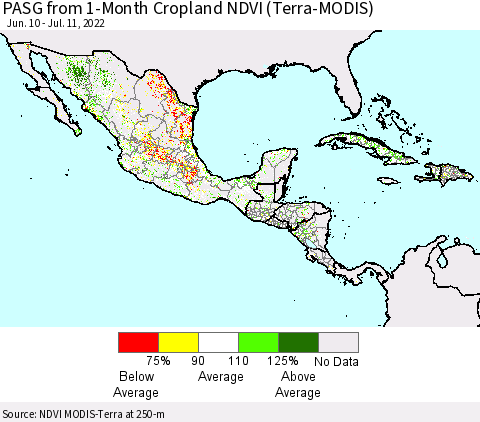 Mexico Central America and the Caribbean PASG from 1-Month Cropland NDVI (Terra-MODIS) Thematic Map For 7/4/2022 - 7/11/2022