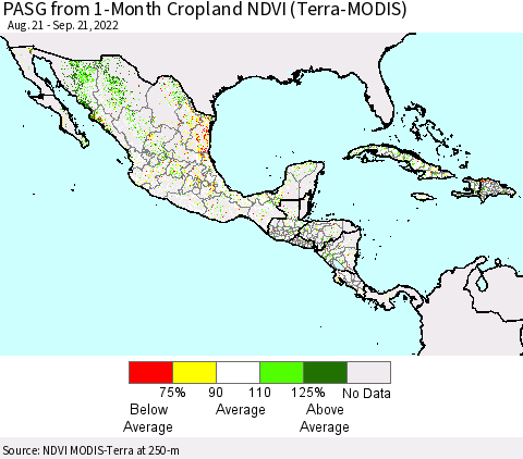 Mexico Central America and the Caribbean PASG from 1-Month Cropland NDVI (Terra-MODIS) Thematic Map For 9/14/2022 - 9/21/2022