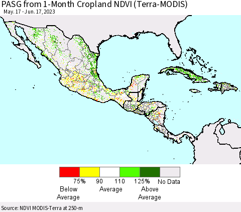 Mexico Central America and the Caribbean PASG from 1-Month Cropland NDVI (Terra-MODIS) Thematic Map For 6/10/2023 - 6/17/2023