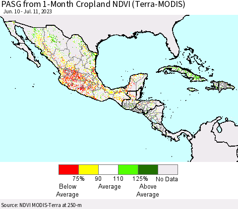 Mexico Central America and the Caribbean PASG from 1-Month Cropland NDVI (Terra-MODIS) Thematic Map For 7/4/2023 - 7/11/2023