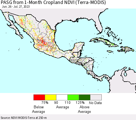 Mexico Central America and the Caribbean PASG from 1-Month Cropland NDVI (Terra-MODIS) Thematic Map For 7/20/2023 - 7/27/2023