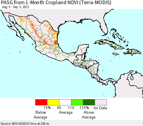 Mexico Central America and the Caribbean PASG from 1-Month Cropland NDVI (Terra-MODIS) Thematic Map For 8/29/2023 - 9/5/2023
