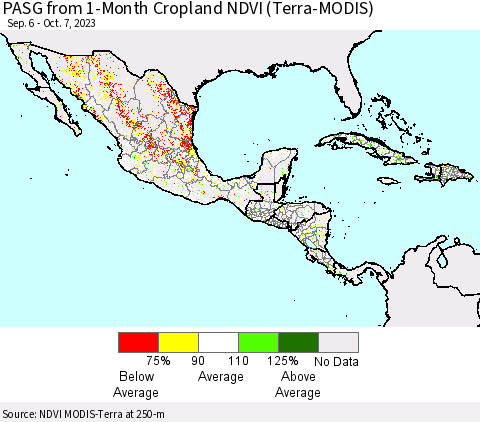 Mexico Central America and the Caribbean PASG from 1-Month Cropland NDVI (Terra-MODIS) Thematic Map For 9/30/2023 - 10/7/2023