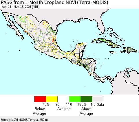 Mexico Central America and the Caribbean PASG from 1-Month Cropland NDVI (Terra-MODIS) Thematic Map For 5/8/2024 - 5/15/2024