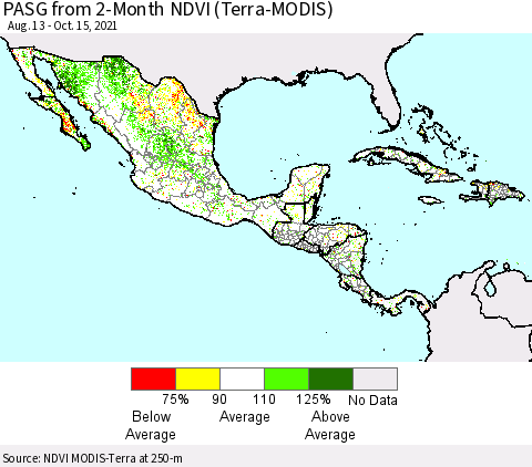 Mexico Central America and the Caribbean PASG from 2-Month NDVI (Terra-MODIS) Thematic Map For 10/8/2021 - 10/15/2021