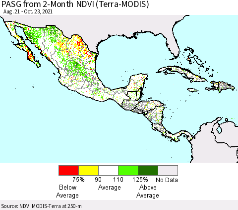 Mexico Central America and the Caribbean PASG from 2-Month NDVI (Terra-MODIS) Thematic Map For 10/16/2021 - 10/23/2021