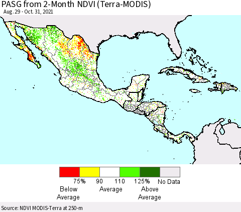 Mexico Central America and the Caribbean PASG from 2-Month NDVI (Terra-MODIS) Thematic Map For 10/24/2021 - 10/31/2021