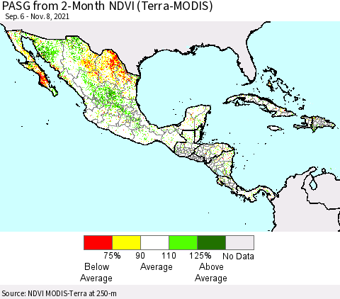 Mexico Central America and the Caribbean PASG from 2-Month NDVI (Terra-MODIS) Thematic Map For 11/1/2021 - 11/8/2021
