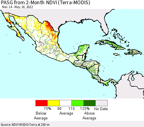 Mexico Central America and the Caribbean PASG from 2-Month NDVI (Terra-MODIS) Thematic Map For 5/9/2022 - 5/16/2022