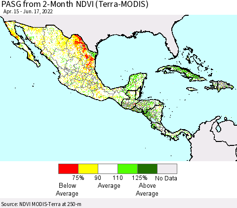 Mexico Central America and the Caribbean PASG from 2-Month NDVI (Terra-MODIS) Thematic Map For 6/10/2022 - 6/17/2022