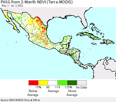 Mexico Central America and the Caribbean PASG from 2-Month NDVI (Terra-MODIS) Thematic Map For 6/26/2022 - 7/3/2022