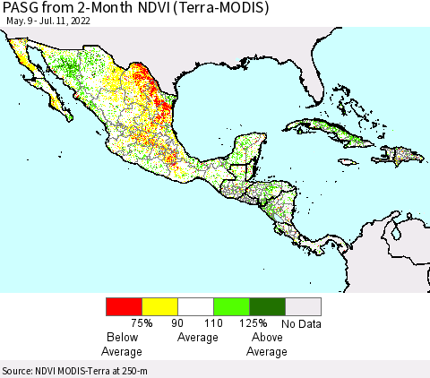 Mexico Central America and the Caribbean PASG from 2-Month NDVI (Terra-MODIS) Thematic Map For 7/4/2022 - 7/11/2022