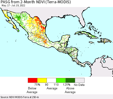 Mexico Central America and the Caribbean PASG from 2-Month NDVI (Terra-MODIS) Thematic Map For 7/12/2022 - 7/19/2022