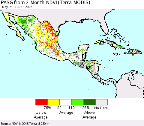 Mexico Central America and the Caribbean PASG from 2-Month NDVI (Terra-MODIS) Thematic Map For 7/20/2022 - 7/27/2022