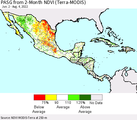 Mexico Central America and the Caribbean PASG from 2-Month NDVI (Terra-MODIS) Thematic Map For 7/28/2022 - 8/4/2022