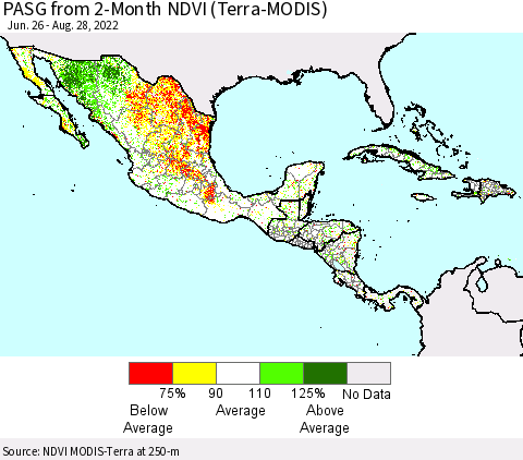 Mexico Central America and the Caribbean PASG from 2-Month NDVI (Terra-MODIS) Thematic Map For 8/21/2022 - 8/28/2022